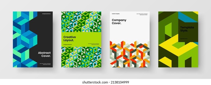 Multicolored mosaic hexagons poster layout set. Premium leaflet A4 design vector template composition.