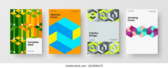 Multicolored mosaic hexagons poster template composition. Bright corporate identity A4 design vector layout collection.