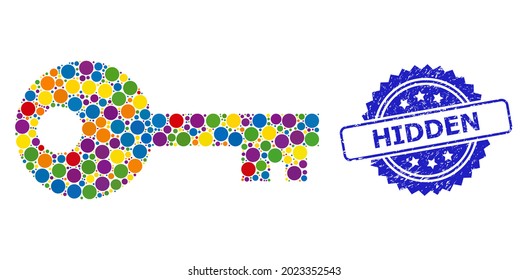 Llave de mosaico multicolor y imitación del sello de rosette sucio oculto. El sello azul contiene el título oculto dentro de la roseta. Los puntos redondos vectoriales se combinan en un icono de clave de mosaico abstracto.