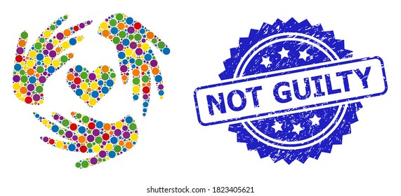 Multicolored mosaic lovely craft hands, and Not Guilty rubber rosette stamp seal. Blue stamp seal contains Not Guilty caption inside rosette.