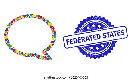 Multicolored mosaic message cloud, and Federated States rubber rosette seal. Blue seal contains Federated States caption inside rosette.