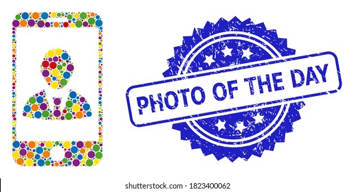 Multicolored mosaic mobile user profile, and Photo of the Day unclean rosette seal imitation. Blue stamp seal includes Photo of the Day tag inside rosette.