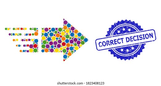 Mosaico multicolor moverse a la derecha y marca de rosette sucia Corrección de decisión. El sello azul incluye el título Correcto de decisión dentro de la roseta.