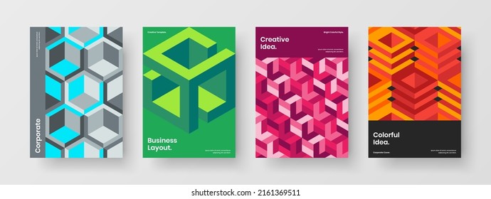 Multicolored mosaic pattern leaflet illustration bundle. Clean corporate identity A4 vector design concept collection.