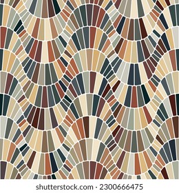 Multicolored mosaic with rectangular tiles arranged in wavy lines. Small rectangles in brown, blue, green, and green on a white background. Striped design. Seamless geometric pattern. Vector image.