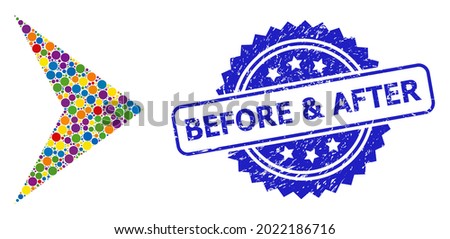 Multicolored mosaic right direction, and Before and After dirty rosette seal print. Blue stamp seal contains Before and After title inside rosette.