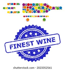 Multicolored mosaic rolling wine delivery, and Finest Wine unclean rosette stamp seal. Blue stamp seal includes Finest Wine text inside rosette.