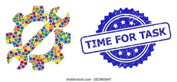Multicolored mosaic service tool, and Time for Task scratched rosette seal. Blue stamp seal has Time for Task caption inside rosette.