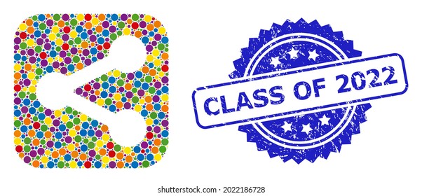 Multicolored mosaic share, and Class of 2022 dirty rosette seal print. Blue seal includes Class of 2022 tag inside rosette. Vector round spots are composed into abstract mosaic share icon.