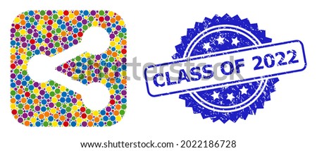 Multicolored mosaic share, and Class of 2022 dirty rosette seal print. Blue seal includes Class of 2022 tag inside rosette. Vector round spots are composed into abstract mosaic share icon.