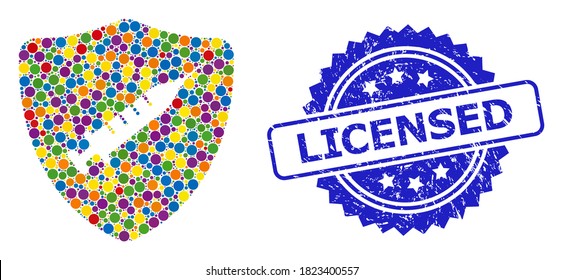 Multicolored mosaic shield vaccine, and Licensed rubber rosette stamp seal. Blue stamp seal includes Licensed title inside rosette.