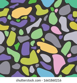 Multicolored mosaic terazzo pattern on a black background. Vector texture for kitchen tiles, flooring. Seamless pattern for wrapping paper. Print for fabric.