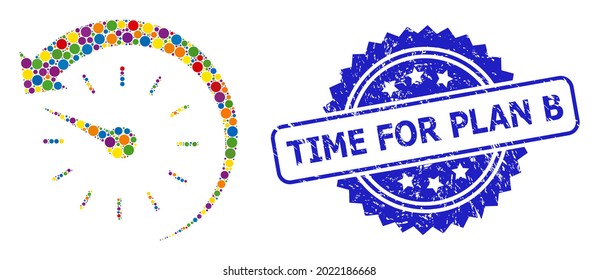 Multicolored mosaic time backward, and Time for Plan B rubber rosette stamp seal. Blue stamp contains Time for Plan B text inside rosette.