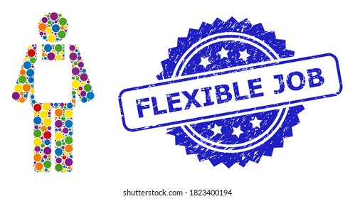 Multicolored mosaic worker person, and Flexible Job rubber rosette seal imitation. Blue stamp seal contains Flexible Job title inside rosette.