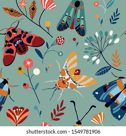 Multi-colored moths in flowers pattern
