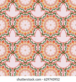 Multicolored motif on a neutral background. Vector glitter textured seamless pattern with multicolored elements and ornaments. Perfect for holidays.