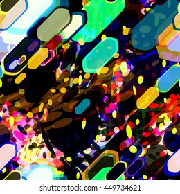 Multicolored, mottled texture of the ovals, and polygons. Abstract vector seamless pattern. For fabric, printing, background for cover design