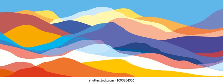 Multicolored mountains, orange and blue waves, abstract shapes, modern background, vector design Illustration for you project