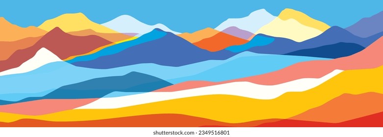 Multicolored mountains, orange and blue waves, abstract shapes, modern background, vector design Illustration for you project