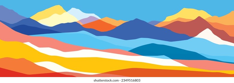 Multicolored mountains, orange and blue waves, abstract shapes, modern background, vector design Illustration for you project