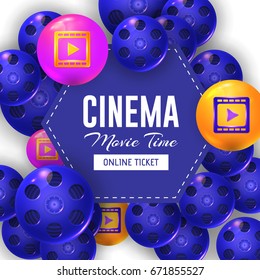 Multicolored Movie Theme Bubbles with Hexagon Frame Vector Glossy Background