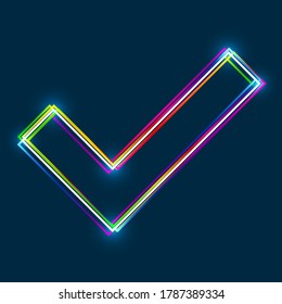 Multi-colored multi-layered line check mark icon with glowing light effect on a blue background. EPS10 vector file