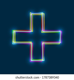 Multi-colored multi-layered line plus sign, cross icon with glowing light effect on a blue background. EPS10 vector file