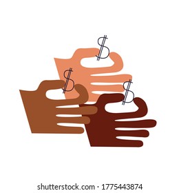 Multicolored multinational hands with a dollar sign. Banking poster. Flat vector illustration isolated on white background