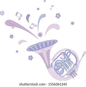 Multicolored music instruments drawn by hand in cartoon style.Pink french horn. Vector illustration. 