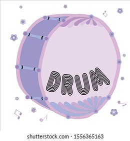 Multicolored music instruments drawn by hand in cartoon style.Pink drum. Vector illustration. 