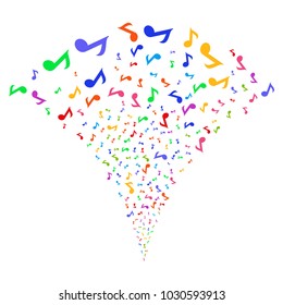Multicolored Musical Note exploding fountain. Object fountain constructed from random musical note pictograms as fireworks. Vector illustration style is flat iconic symbols with psychedelic colors.