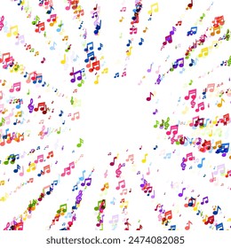 Multicolored musical notes arranged in intersecting diagonal paths, symbolizing a lively melody. Vector illustration.