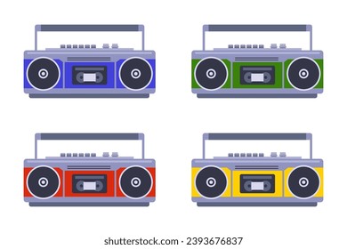 multi-colored musical tape recorder set. flat vector illustration.