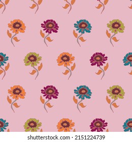 Multicolored in muted tones floral vector seamless repeat pattern arranged in wavy lines on pale pink