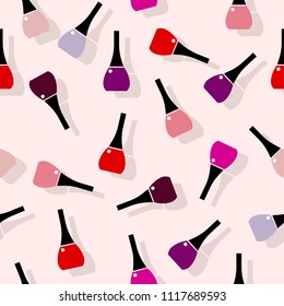 Multi-colored nail polish seamless pattern. Simple flat illustration. Nail polish on a light pink background. Packing or wrapping paper.