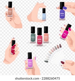 multicolored nail polishes in hands