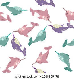 Multicolored narwhals pattern. Vector illustration.