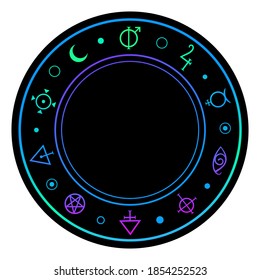 multicolored neon frame with alchemical magic symbols 	