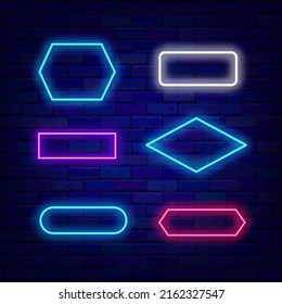 Multicolored neon frames collection. Hexagon and rhombus. Rectangle shape and ellipse. Vector stock illustration