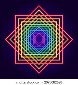 multicolored neon geometric figure made of diamonds. a pattern of squares intersecting in the center of bright gradients of lines glowing in the dark red to purple on dark. Neon multicolored diamond
