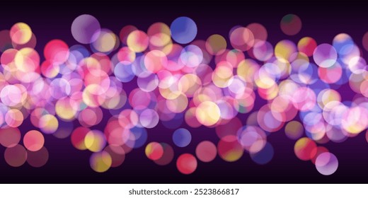 Patrón sin fisuras bokeh de brillo de neón multicolor con círculos sobre fondo oscuro. Bolso festivo brillante con efecto superpuesto. Ilustración vectorial