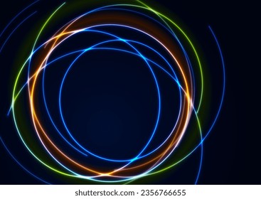 Multicolored neon glowing shiny circles abstract background. Vector futuristic vintage design