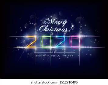 Multicolored neon glowing sign 2020 in the night sky and the inscription Merry Christmas!
