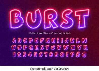 Multicolored neon light alphabet, extra glowing comic style type. Swatch color control. 
