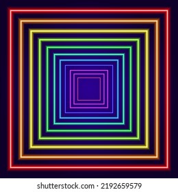 cuadrado de neón multicolor, figura geométrica hecha de un gradiente multicolor. un patrón de cuadrado en el centro de líneas violetas brillantes que brillan en la oscuridad de rojo a morado sobre oscuro