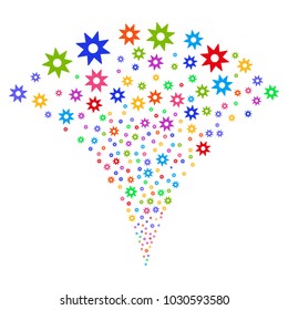 Multicolored New Star explosion fountain. Object fountain created from random new star symbols as fireworks. Vector illustration style is flat iconic symbols with psychedelic colors.