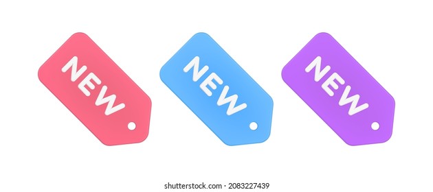 Multicolored new tag with hole deal label special offer price marketing advertising set 3d icon vector illustration. Bright promotional retail sticker goods condition badge design template isolated