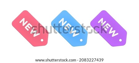 Multicolored new tag with hole deal label special offer price marketing advertising set 3d icon vector illustration. Bright promotional retail sticker goods condition badge design template isolated