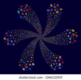 Multicolored Newspaper explosion burst on a dark background. Hypnotic cluster done from random newspaper objects.