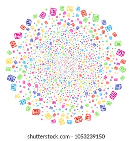 Multicolored Newspaper fireworks round cluster. Vector spheric cluster salute done from randomized newspaper objects. Multicolored Vector abstraction.